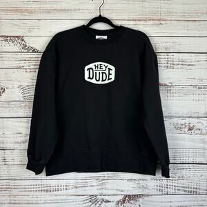 Men's EUC HEY DUDE Black Crewneck Pullover Sweatshirt Front Logo Casual Knit L